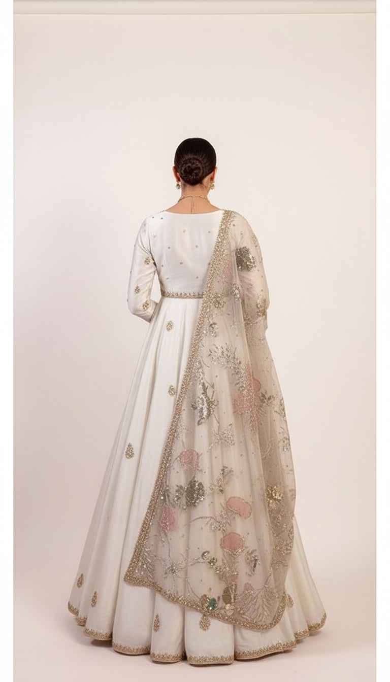 Off White One Piece Gown With Handembroidery and Handpainted Dupatta