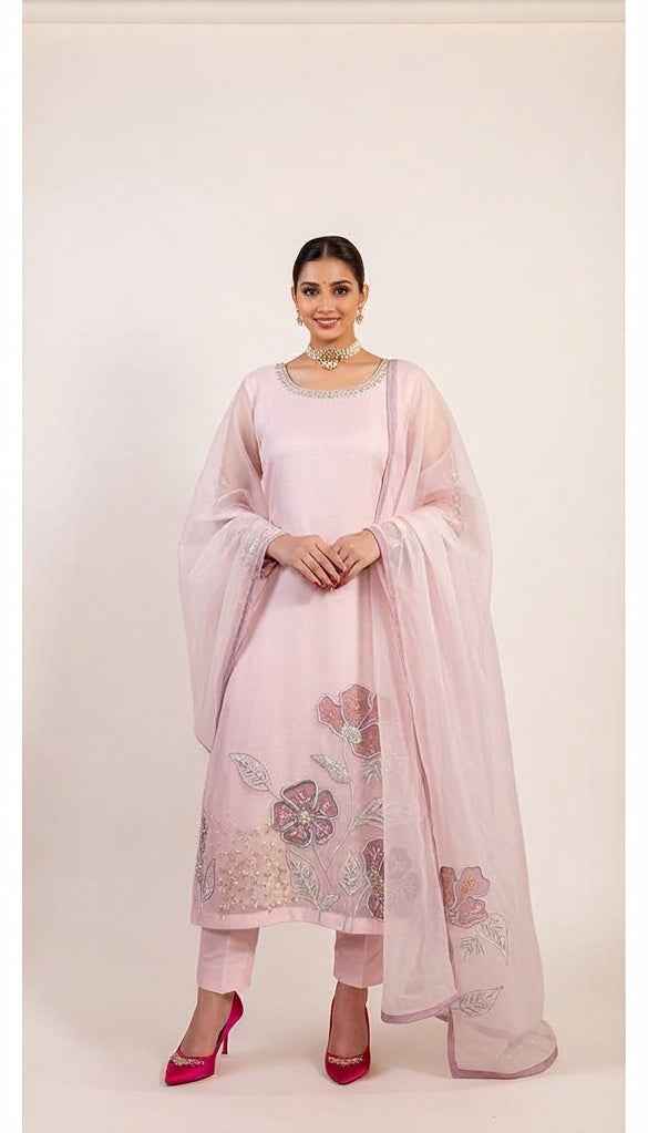 Blush Pastel Pink Suit Set with handpainted and embroidery Dupatta