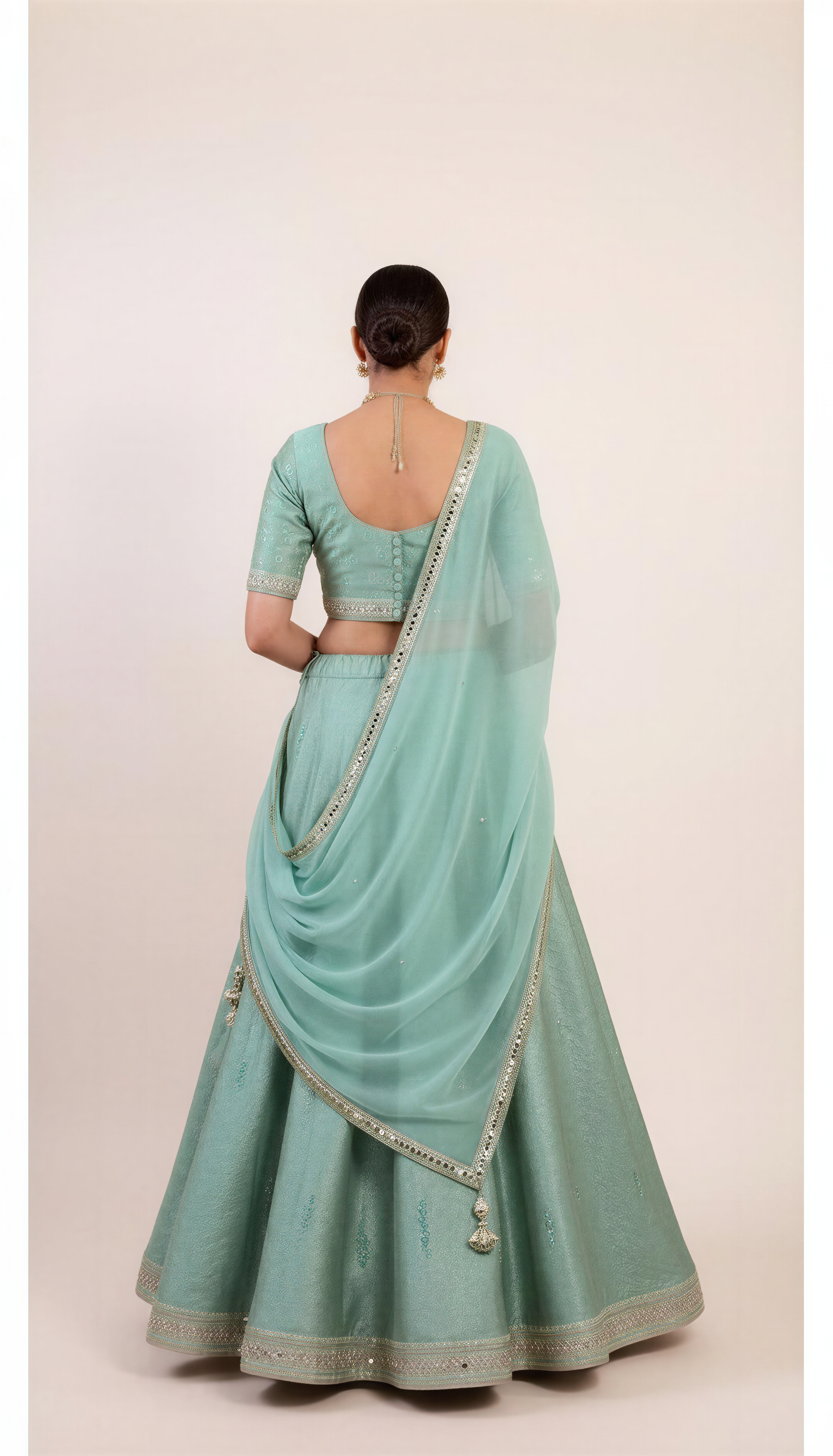 Emerald Cool Green Lahanga Set with Minimistic Beads and Sequin Embroidery work