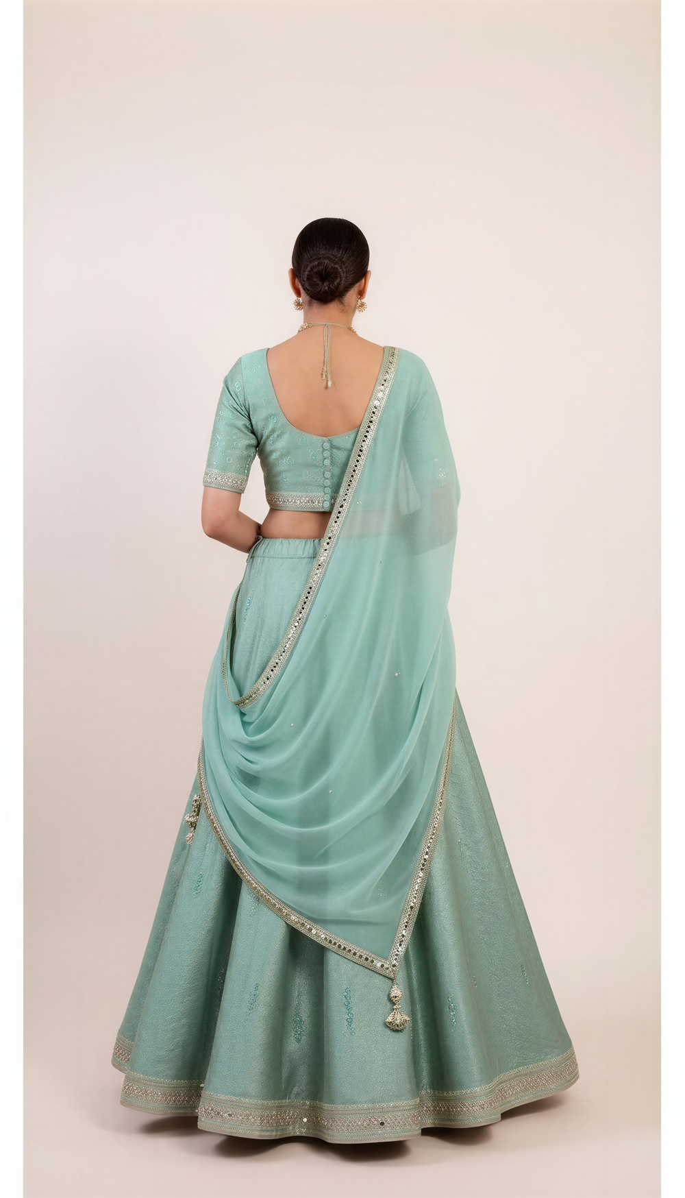 Emerald Cool Green Lahanga Set with Minimistic Beads and Sequin Embroidery work