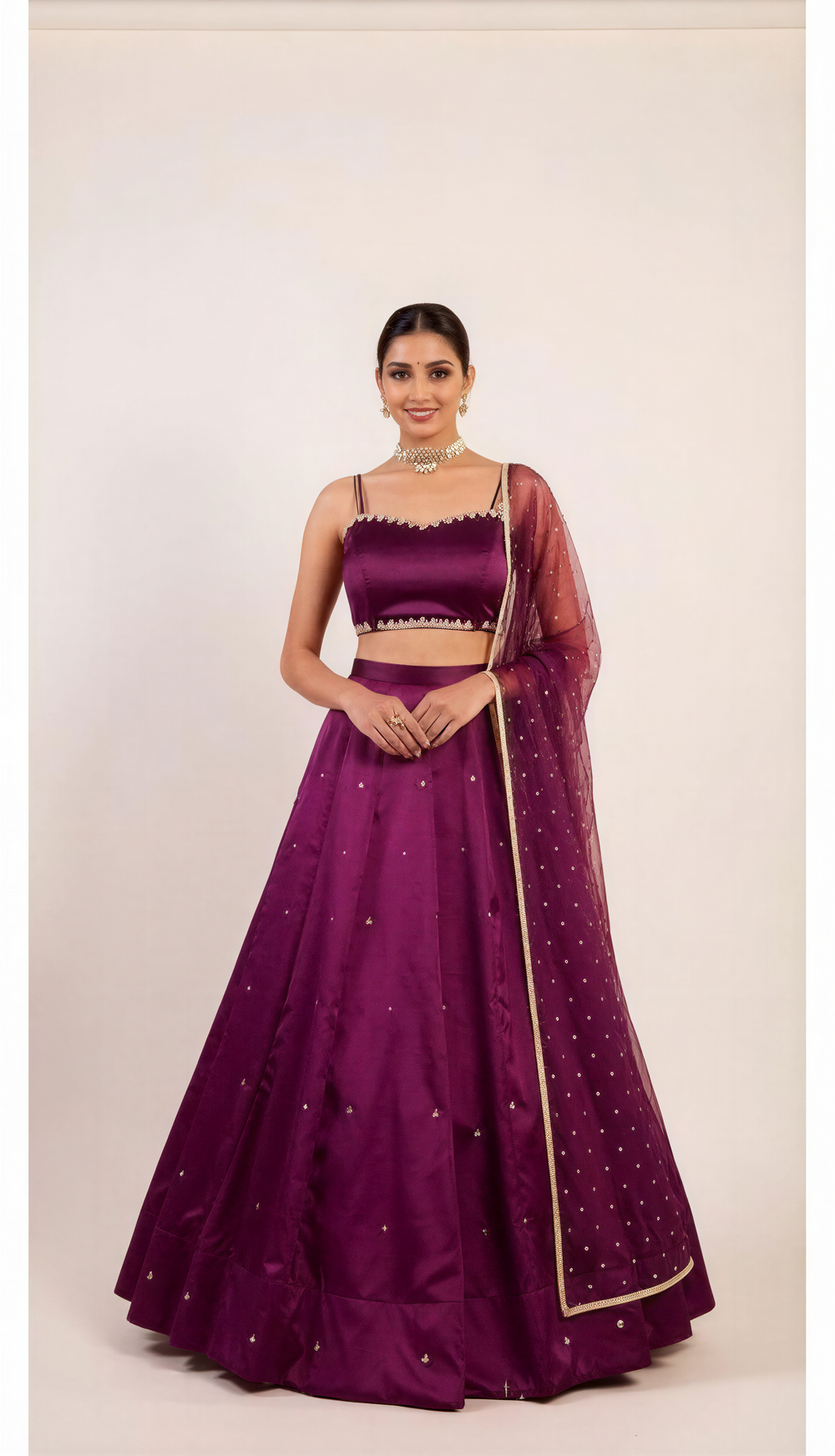 Plain Dark Purple Lehenga Set With Gota patti work
