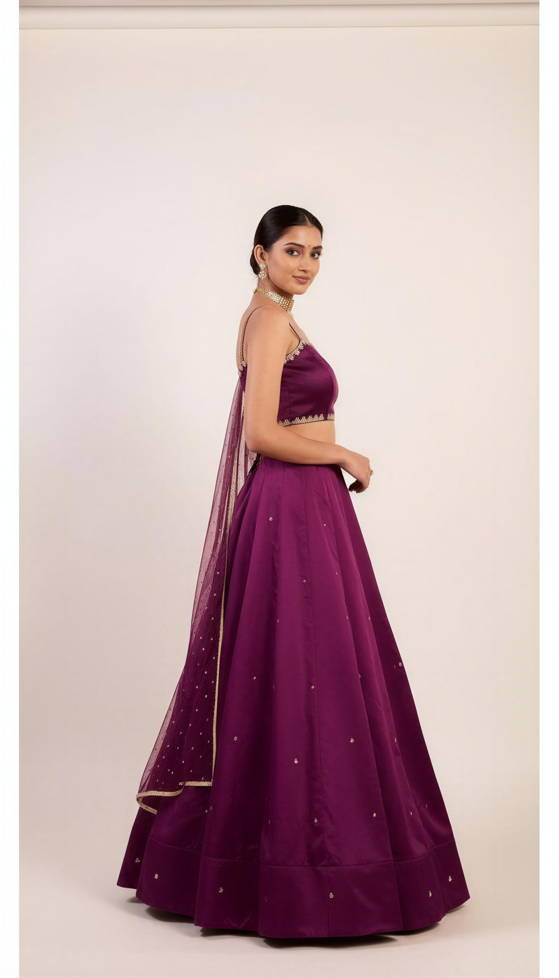 Plain Dark Purple Lehenga Set With Gota patti work