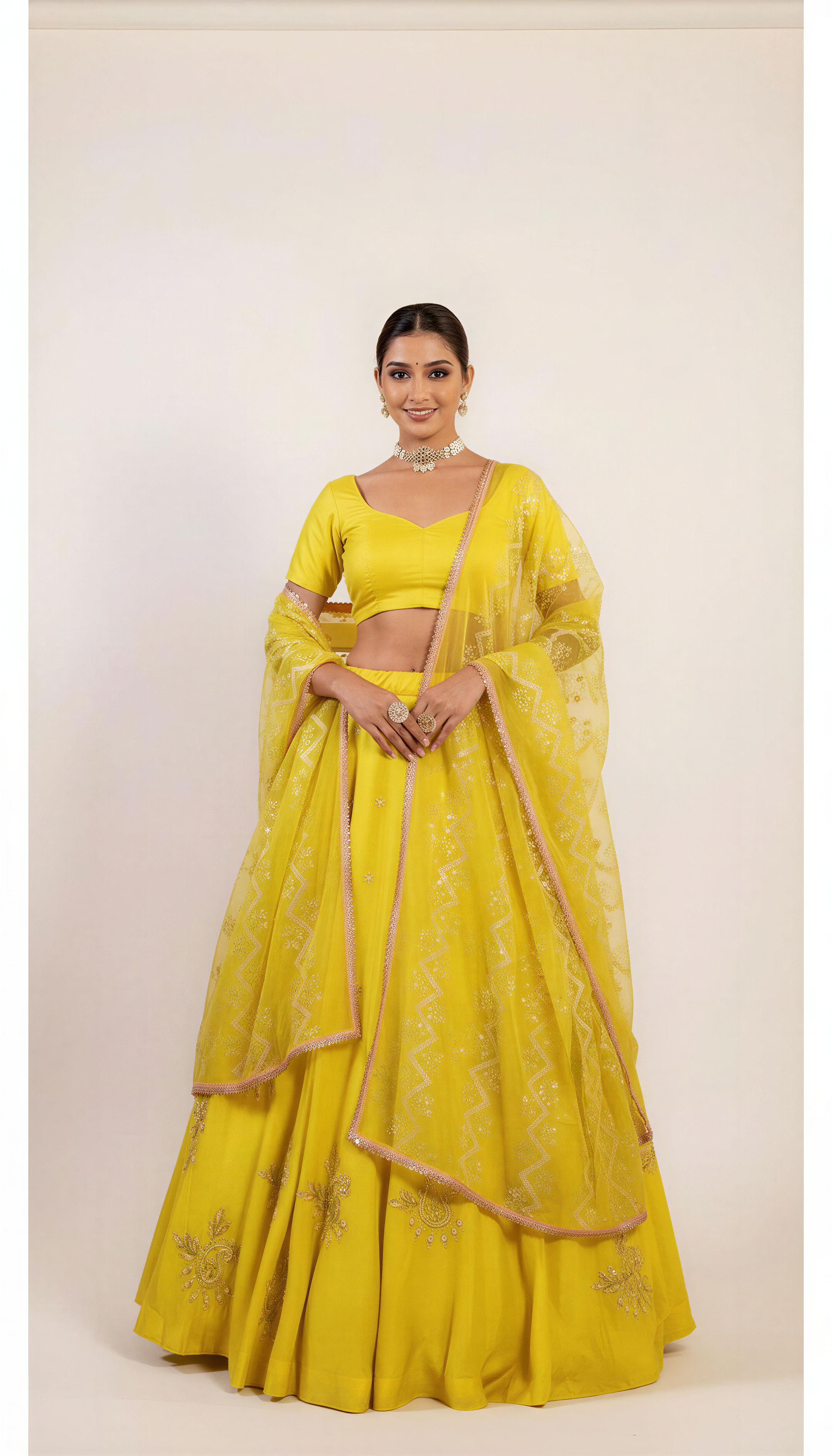 Lemon Yellow Lehenga Set With Sequin Hand Embroidery