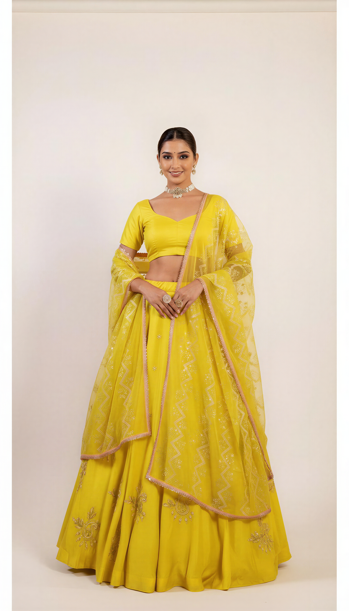 Lemon Yellow Lehenga Set With Sequin Hand Embroidery