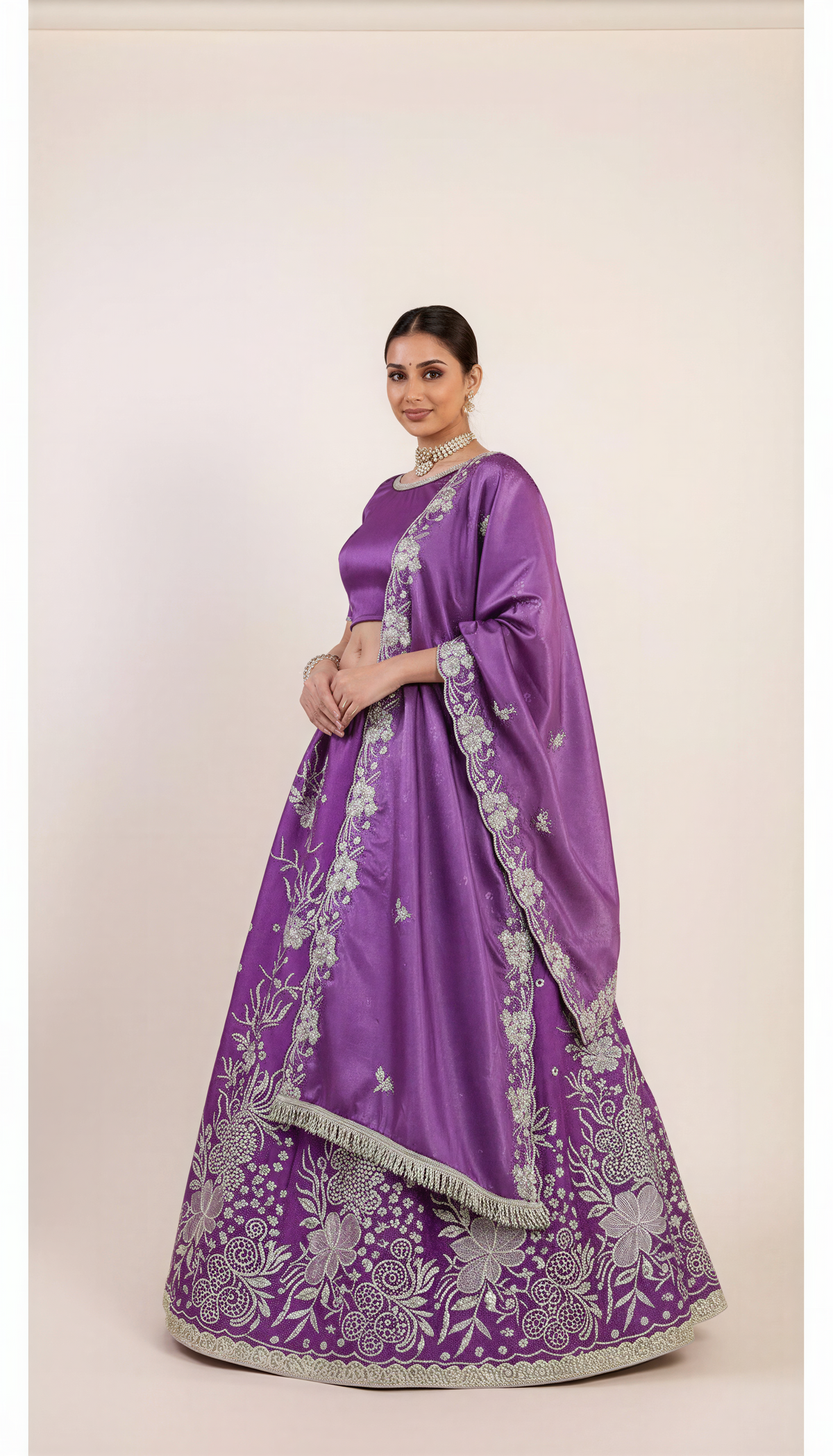 Plum Purple Lehenga Set with Light Golden Thread Machine Embroidery