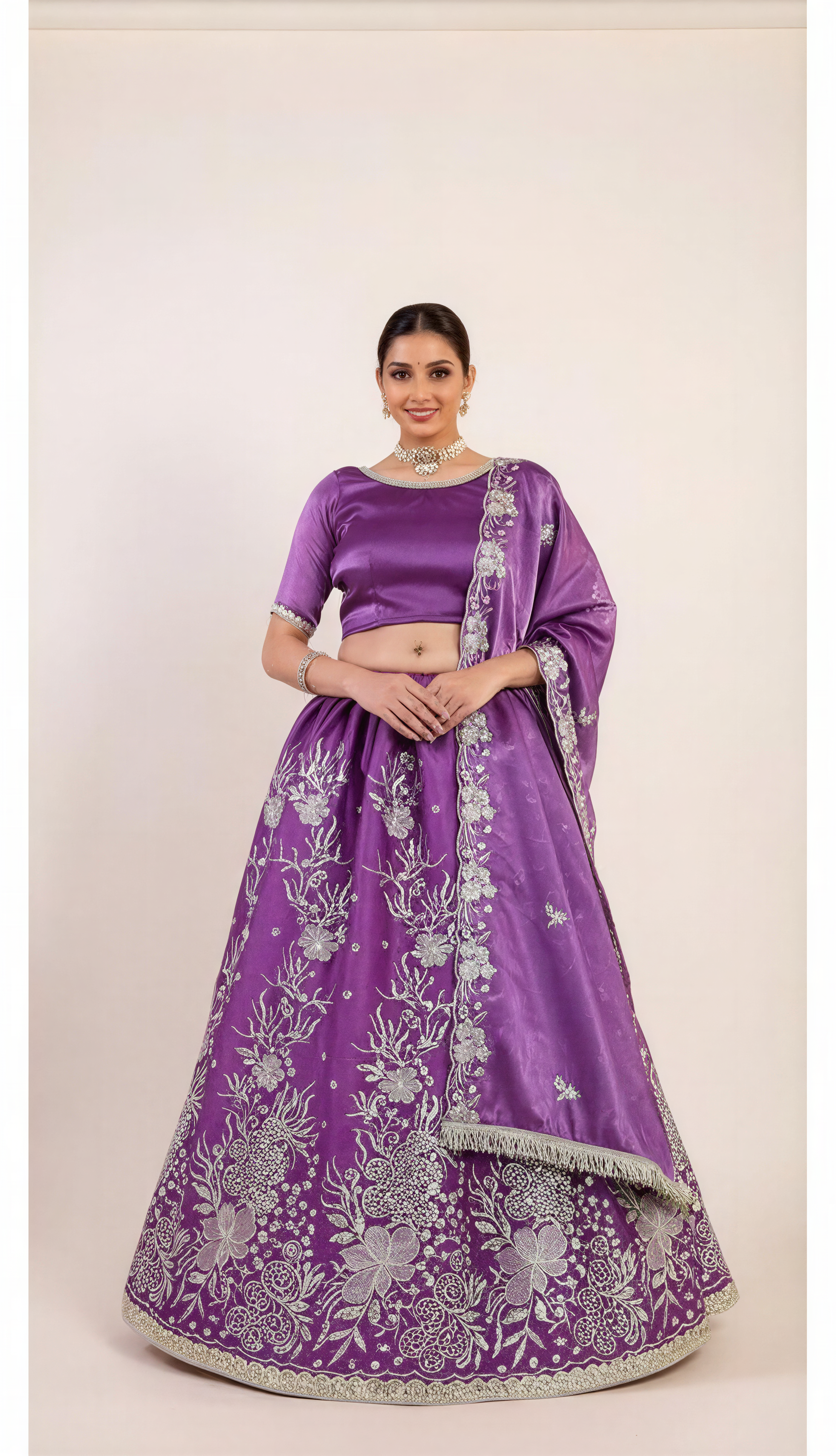Plum Purple Lehenga Set with Light Golden Thread Machine Embroidery