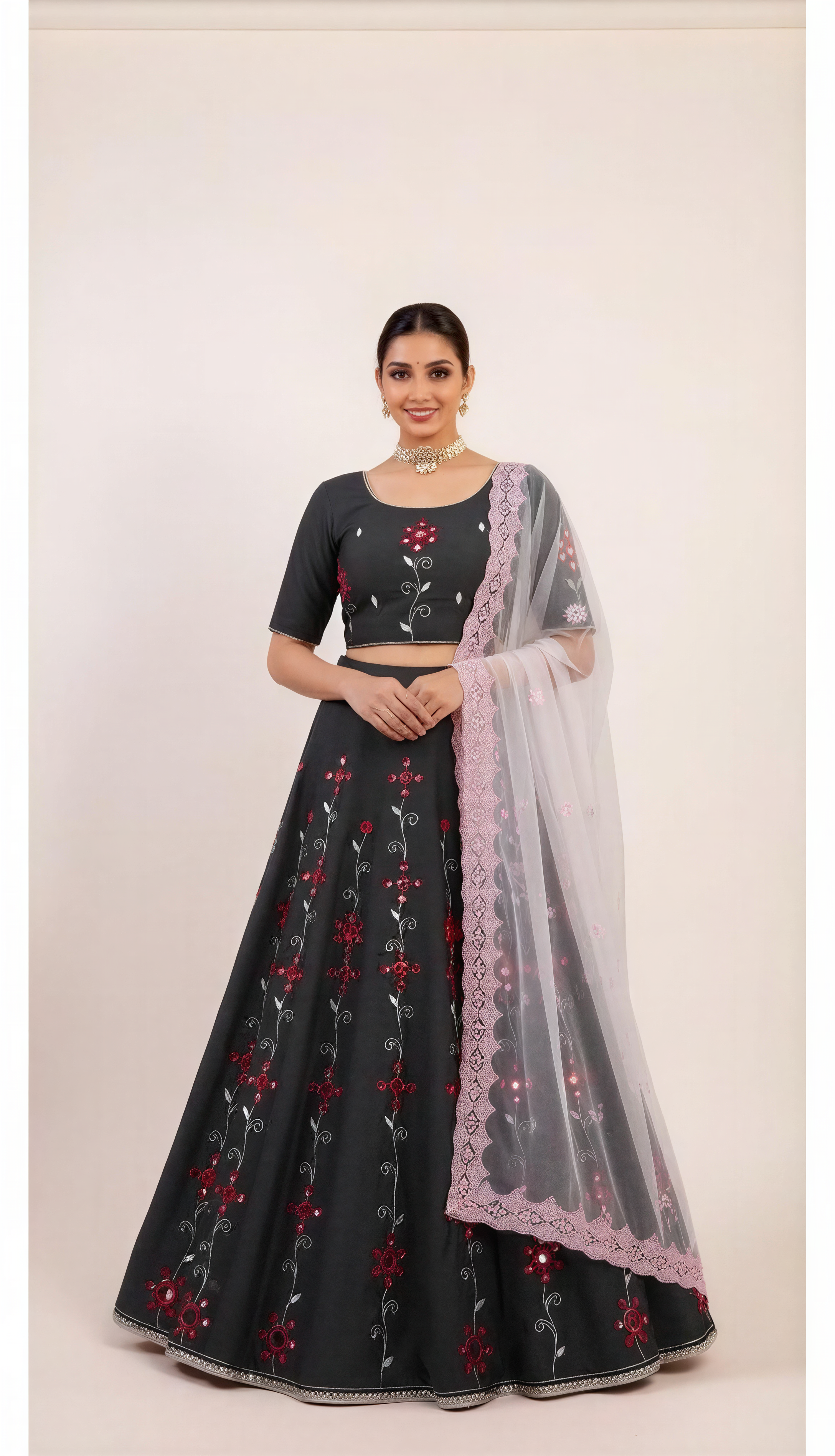 Shadow Black Lehenga Set with Mirror and  Red Thread Hand Embroidery