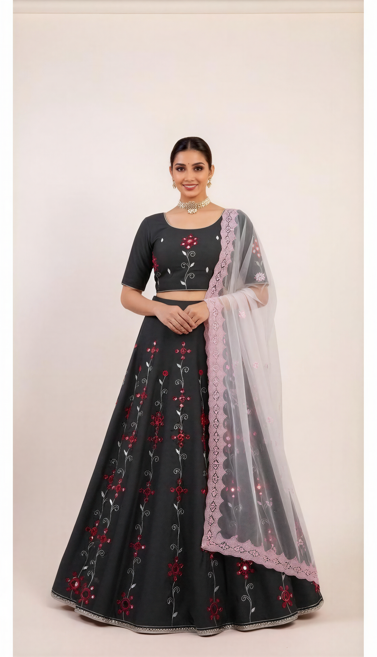 Shadow Black Lehenga Set with Mirror and  Red Thread Hand Embroidery