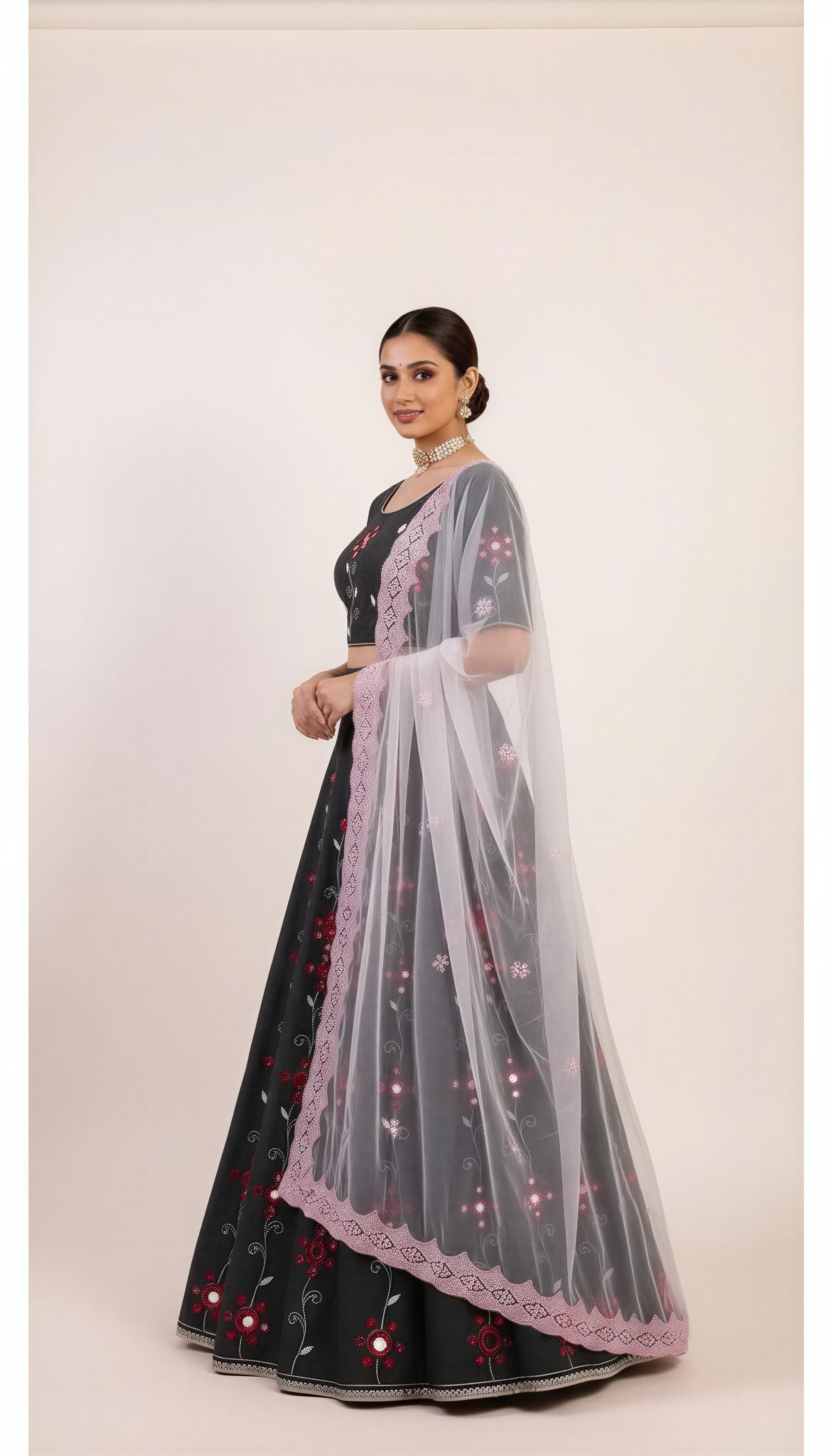Shadow Black Lehenga Set with Mirror and  Red Thread Hand Embroidery
