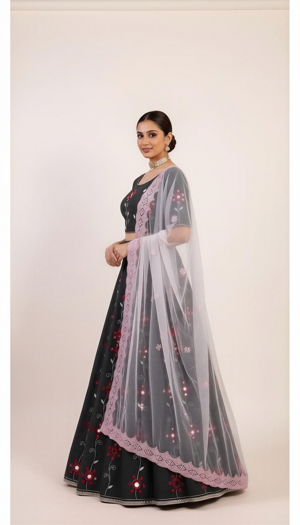 Shadow Black Lehenga Set with Mirror and  Red Thread Hand Embroidery