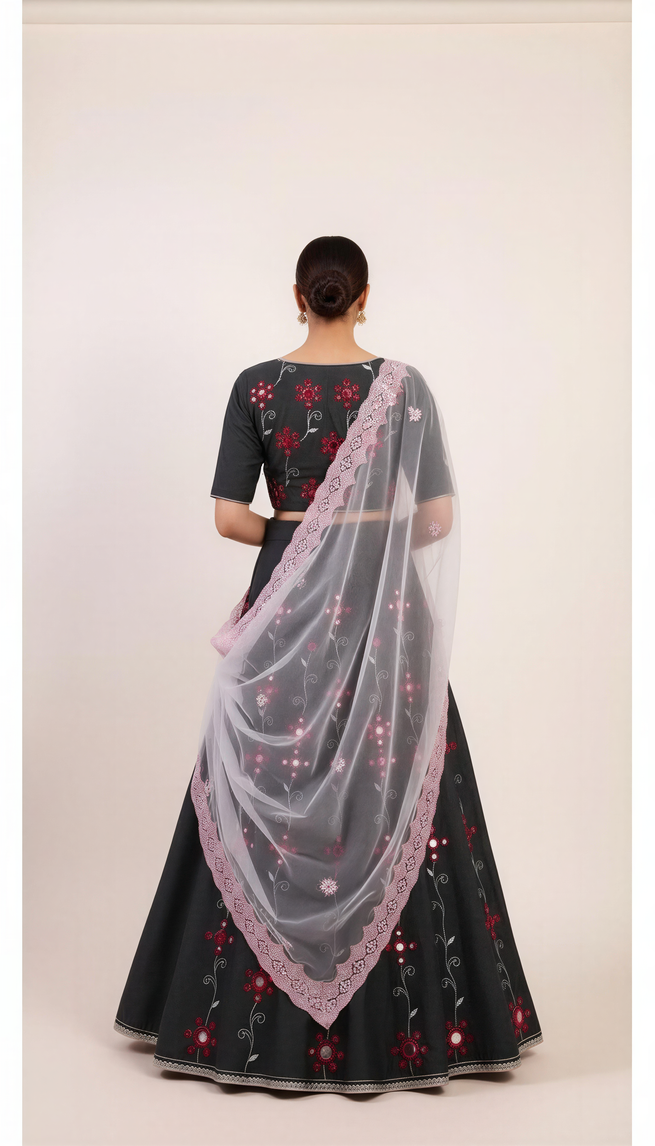 Shadow Black Lehenga Set with Mirror and  Red Thread Hand Embroidery