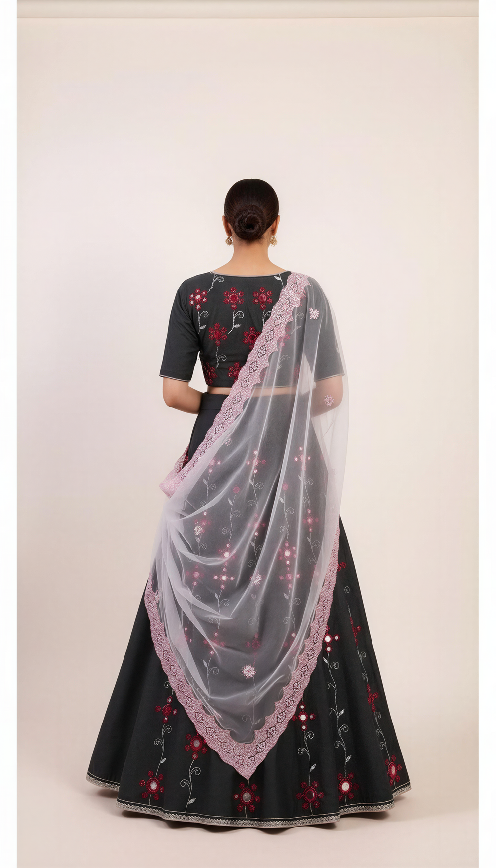 Shadow Black Lehenga Set with Mirror and  Red Thread Hand Embroidery