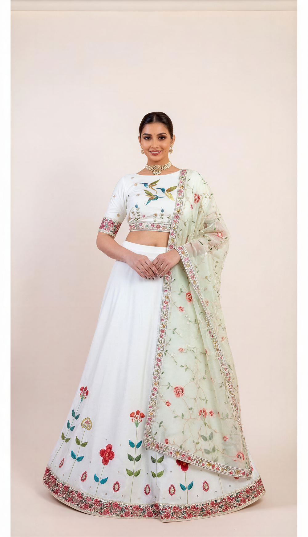 Off White Lehenga Set with Hand Thread Embroidery Work