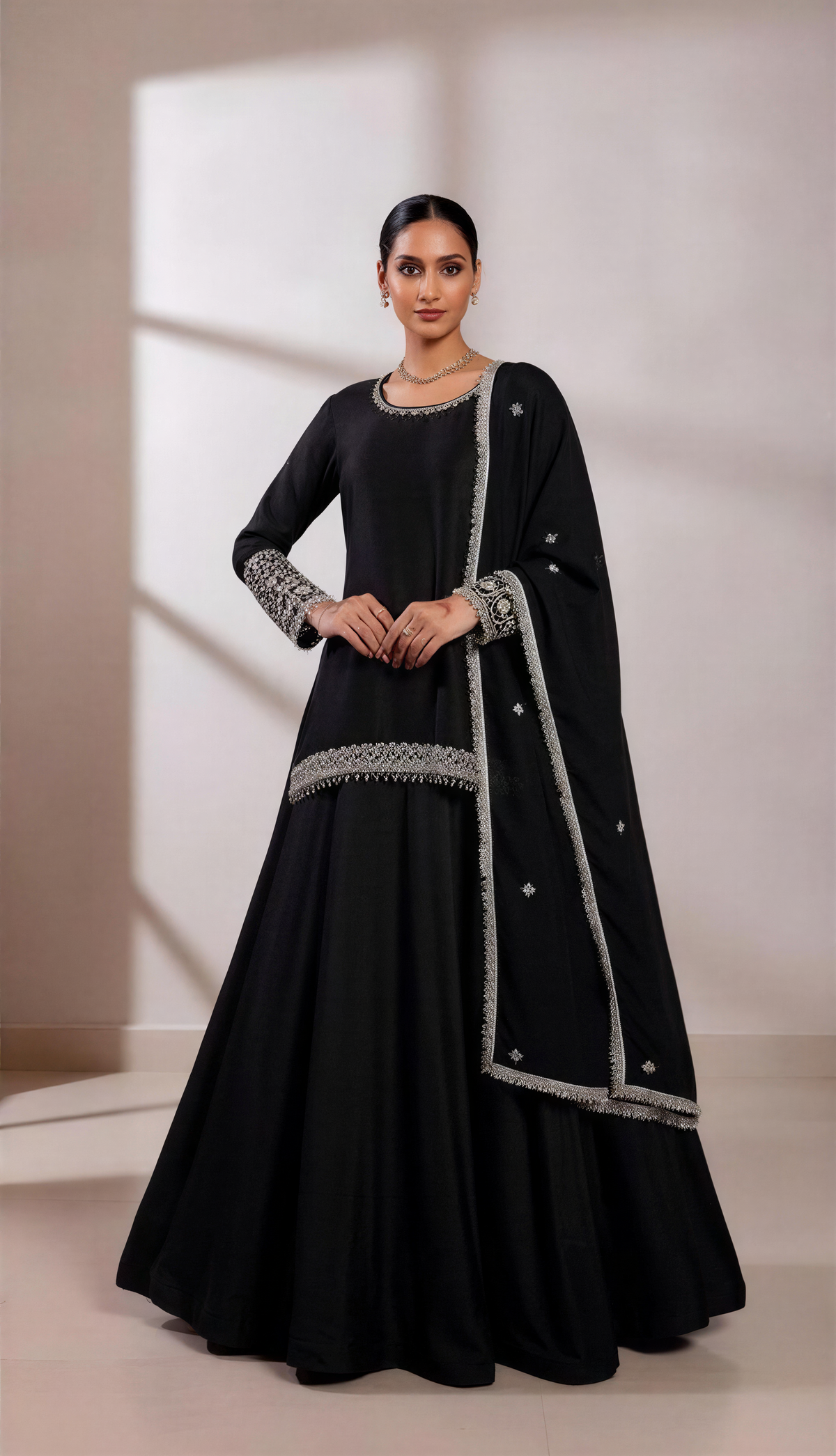 Rich Black Lehenga Set with Light Silver Hand Embroidery